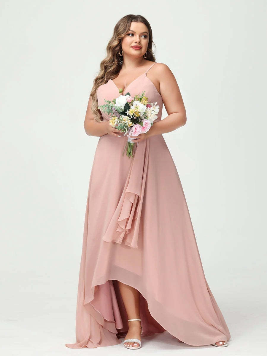 Plus Size Asymmetrical A-Line Bridesmaid Dress with Chiffon Ruffles and Spaghetti Straps, Featuring Pockets-BMbridal.UK
