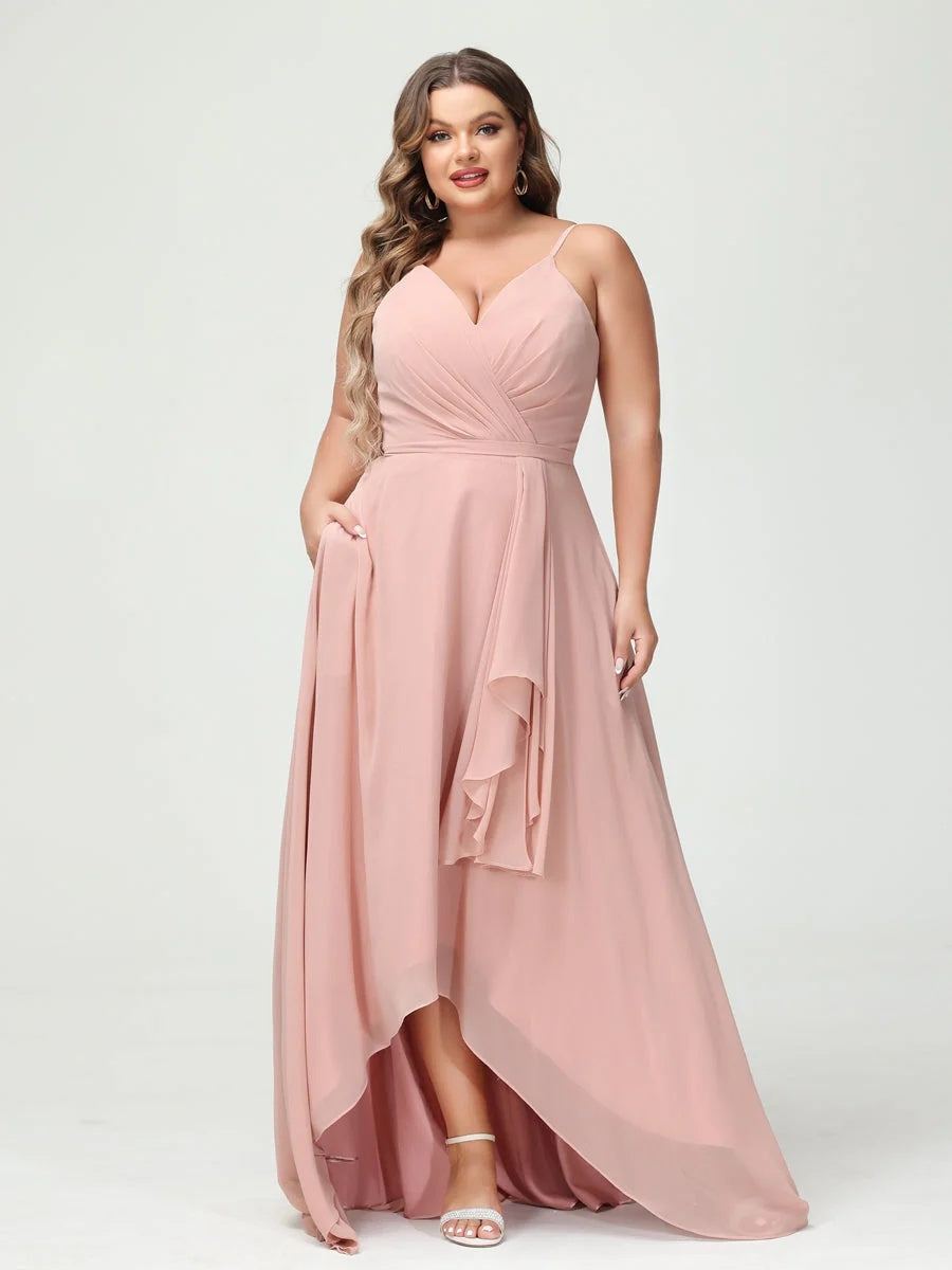 Plus Size Asymmetrical A-Line Bridesmaid Dress with Chiffon Ruffles and Spaghetti Straps, Featuring Pockets-BMbridal.UK