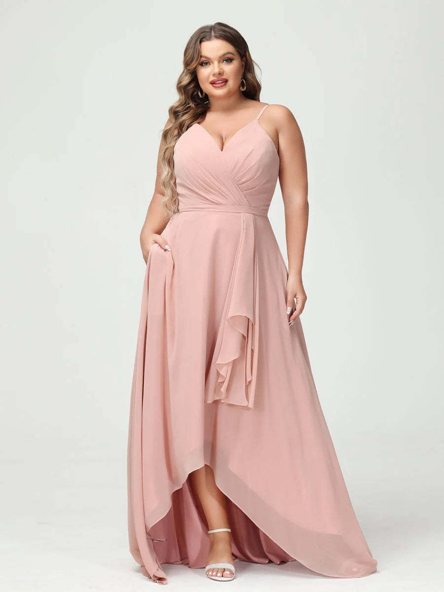 Plus Size Asymmetrical A-Line Bridesmaid Dress with Chiffon Ruffles and Spaghetti Straps, Featuring Pockets-BMbridal.UK