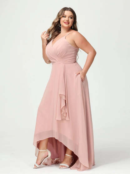 Plus Size Asymmetrical A-Line Bridesmaid Dress with Chiffon Ruffles and Spaghetti Straps, Featuring Pockets-BMbridal.UK
