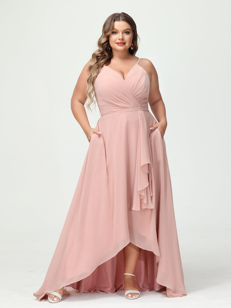 Plus Size Asymmetrical A-Line Bridesmaid Dress with Chiffon Ruffles and Spaghetti Straps, Featuring Pockets-BMbridal.UK