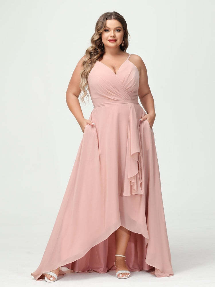 Plus Size Asymmetrical A-Line Bridesmaid Dress with Chiffon Ruffles and Spaghetti Straps, Featuring Pockets-BMbridal.UK