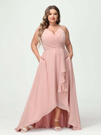 Plus Size Asymmetrical A-Line Bridesmaid Dress with Chiffon Ruffles and Spaghetti Straps, Featuring Pockets-BMbridal.UK