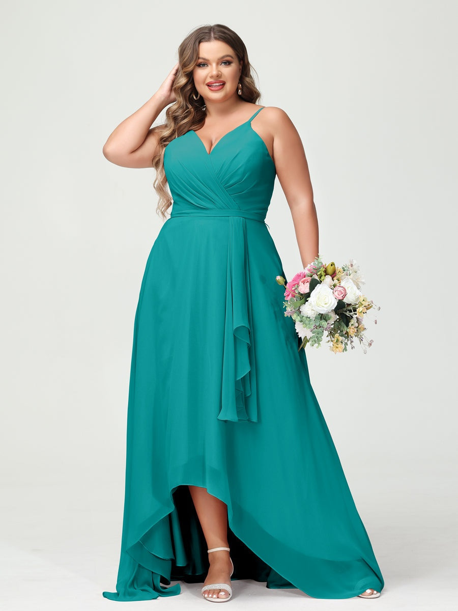 Plus Size Asymmetrical A-Line Bridesmaid Dress with Chiffon Ruffles and Spaghetti Straps, Featuring Pockets-BMbridal.UK