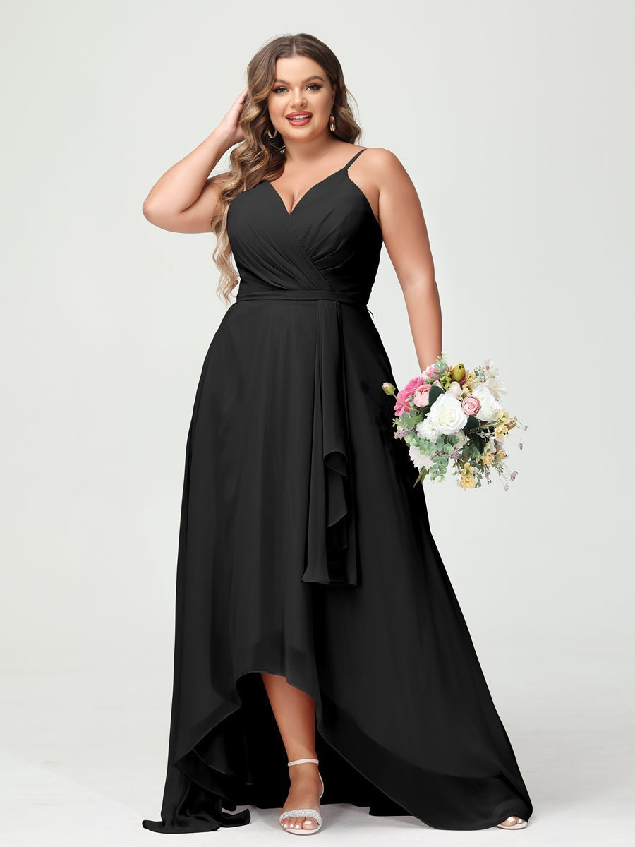 Plus Size Asymmetrical A-Line Bridesmaid Dress with Chiffon Ruffles and Spaghetti Straps, Featuring Pockets-BMbridal.UK
