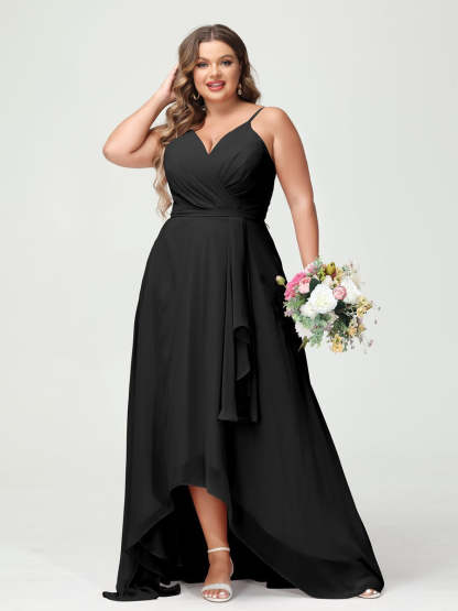 Plus Size Asymmetrical A-Line Bridesmaid Dress with Chiffon Ruffles and Spaghetti Straps, Featuring Pockets-BMbridal.UK