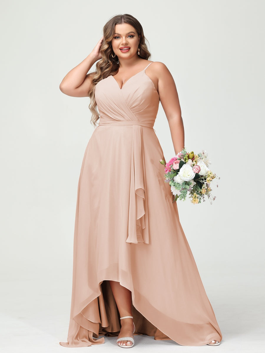 Plus Size Asymmetrical A-Line Bridesmaid Dress with Chiffon Ruffles and Spaghetti Straps, Featuring Pockets-BMbridal.UK