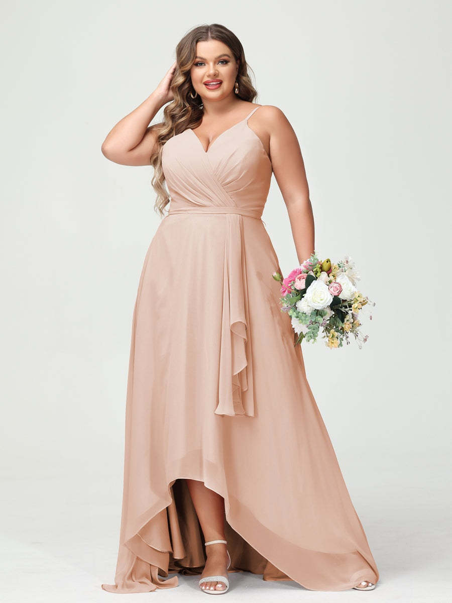 Plus Size Asymmetrical A-Line Bridesmaid Dress with Chiffon Ruffles and Spaghetti Straps, Featuring Pockets-BMbridal.UK