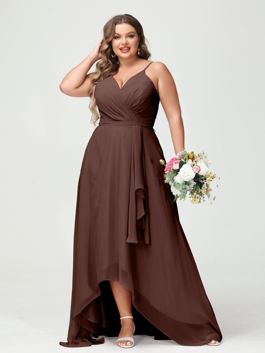 Plus Size Asymmetrical A-Line Bridesmaid Dress with Chiffon Ruffles and Spaghetti Straps, Featuring Pockets-BMbridal.UK