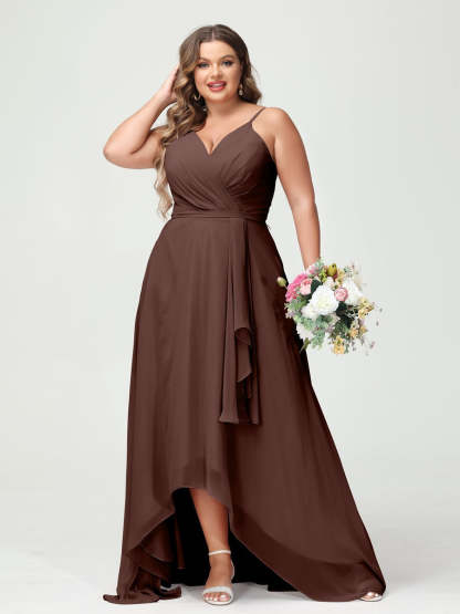 Plus Size Asymmetrical A-Line Bridesmaid Dress with Chiffon Ruffles and Spaghetti Straps, Featuring Pockets-BMbridal.UK