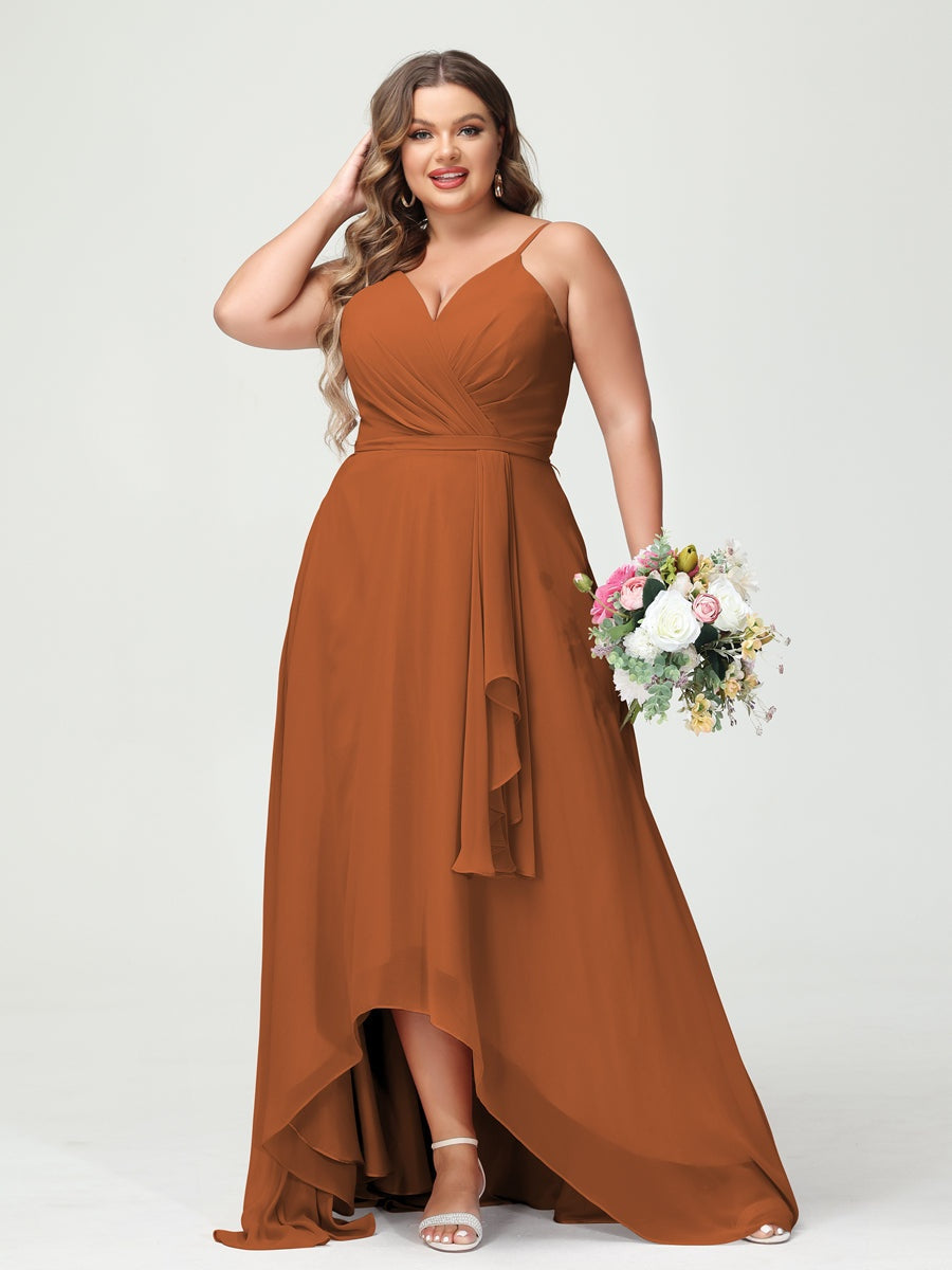 Plus Size Asymmetrical A-Line Bridesmaid Dress with Chiffon Ruffles and Spaghetti Straps, Featuring Pockets-BMbridal.UK