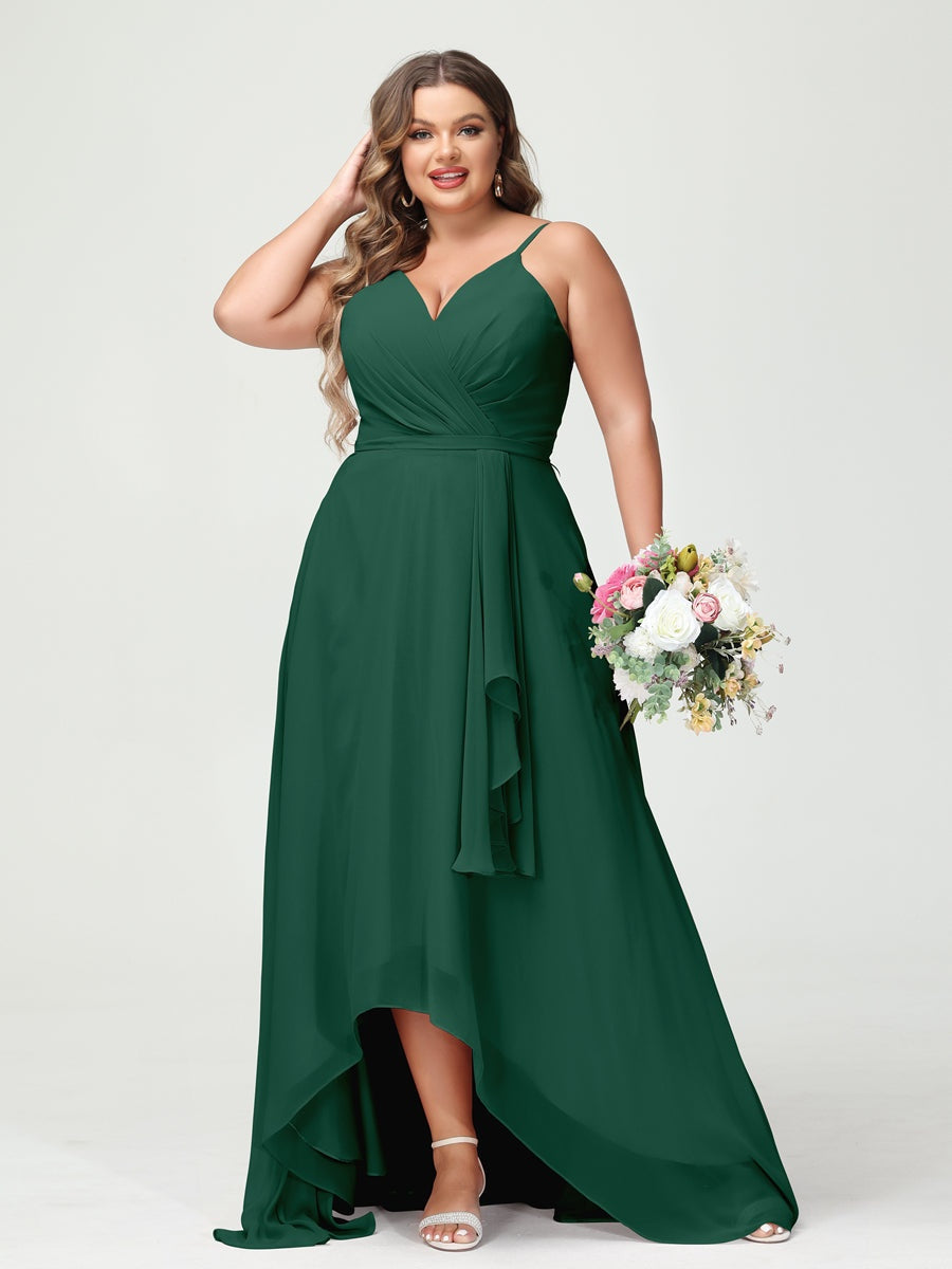 Plus Size Asymmetrical A-Line Bridesmaid Dress with Chiffon Ruffles and Spaghetti Straps, Featuring Pockets-BMbridal.UK