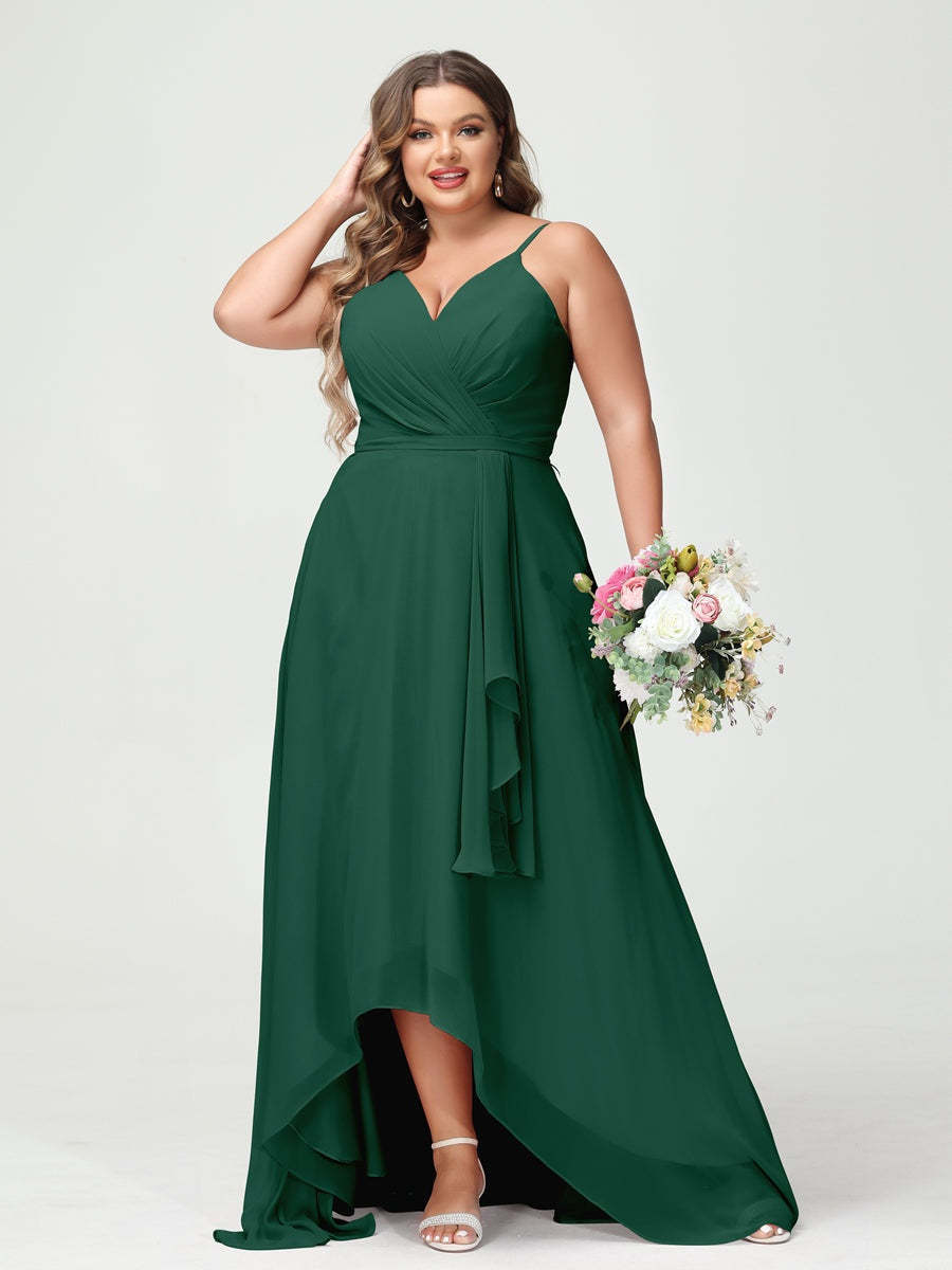 Plus Size Asymmetrical A-Line Bridesmaid Dress with Chiffon Ruffles and Spaghetti Straps, Featuring Pockets-BMbridal.UK