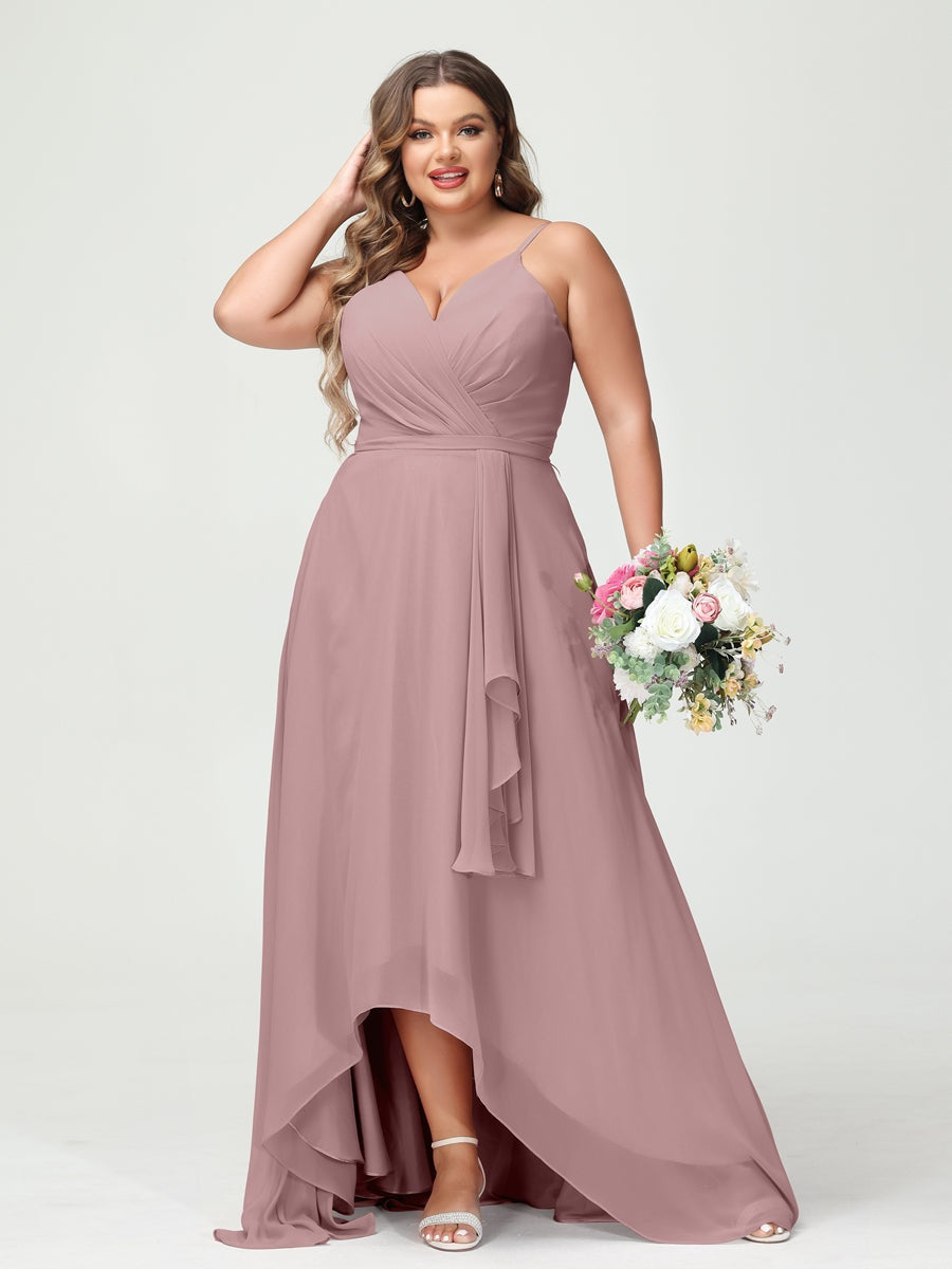 Plus Size Asymmetrical A-Line Bridesmaid Dress with Chiffon Ruffles and Spaghetti Straps, Featuring Pockets-BMbridal.UK