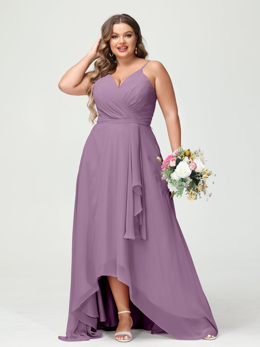 Plus Size Asymmetrical A-Line Bridesmaid Dress with Chiffon Ruffles and Spaghetti Straps, Featuring Pockets-BMbridal.UK