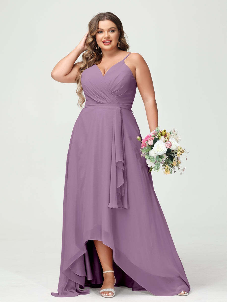 Plus Size Asymmetrical A-Line Bridesmaid Dress with Chiffon Ruffles and Spaghetti Straps, Featuring Pockets-BMbridal.UK