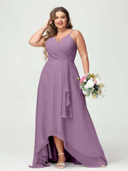Plus Size Asymmetrical A-Line Bridesmaid Dress with Chiffon Ruffles and Spaghetti Straps, Featuring Pockets-BMbridal.UK