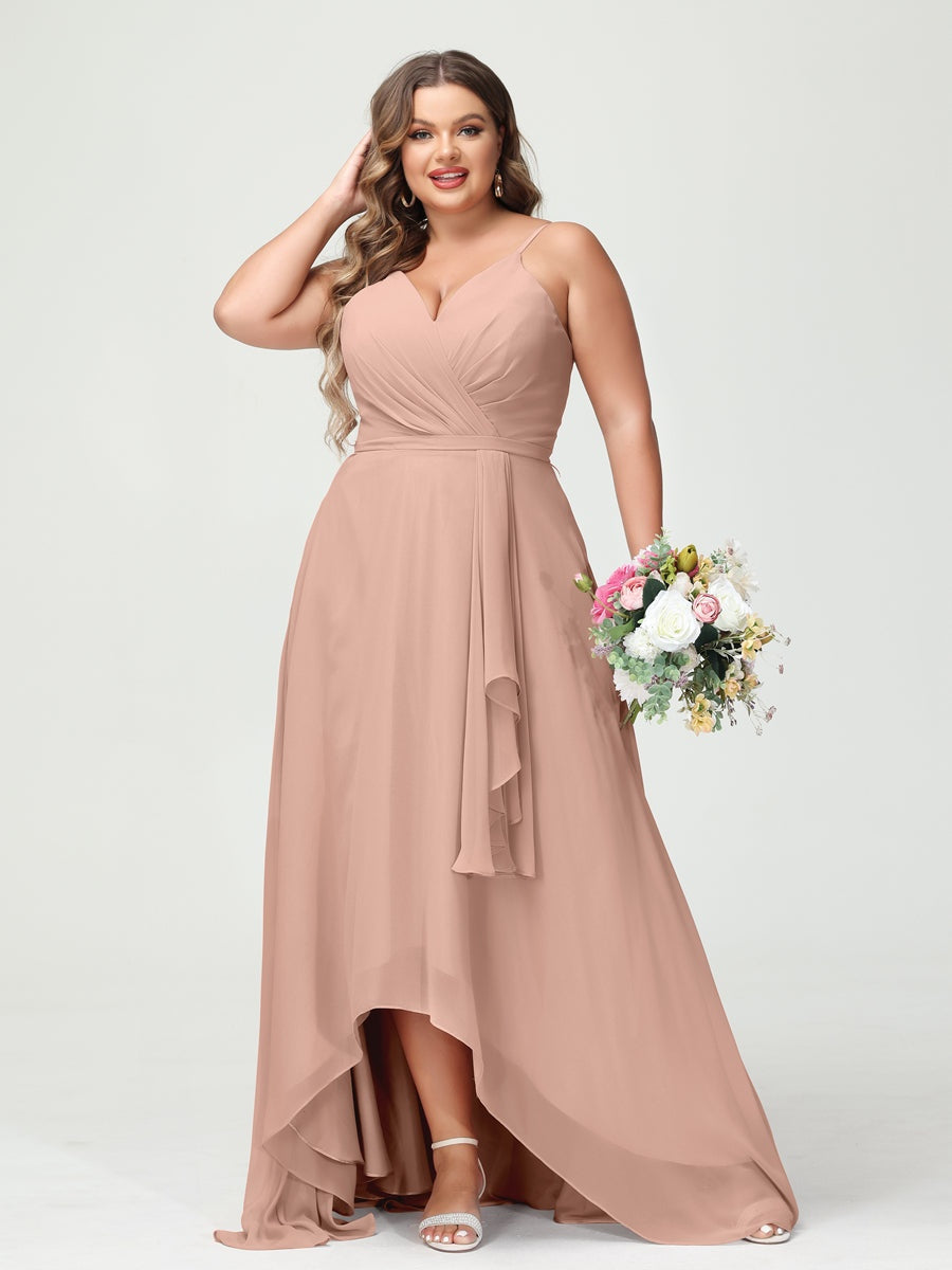 Plus Size Asymmetrical A-Line Bridesmaid Dress with Chiffon Ruffles and Spaghetti Straps, Featuring Pockets-BMbridal.UK