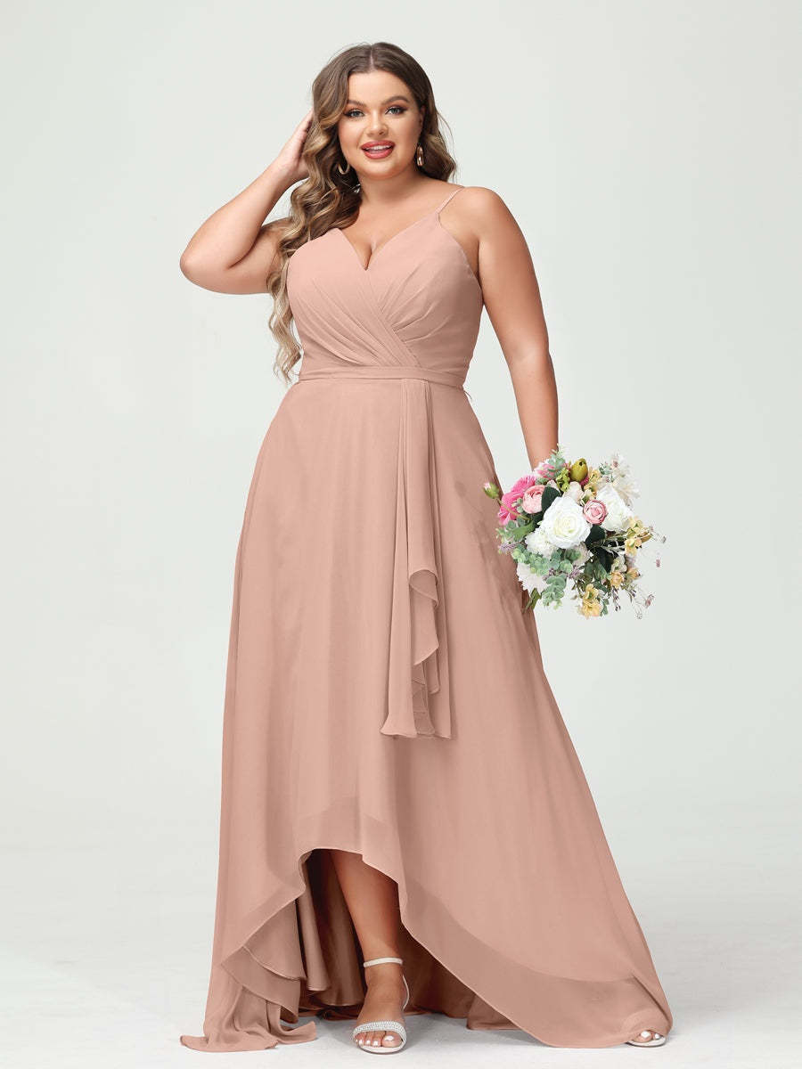 Plus Size Asymmetrical A-Line Bridesmaid Dress with Chiffon Ruffles and Spaghetti Straps, Featuring Pockets-BMbridal.UK