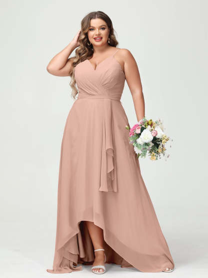Plus Size Asymmetrical A-Line Bridesmaid Dress with Chiffon Ruffles and Spaghetti Straps, Featuring Pockets-BMbridal.UK