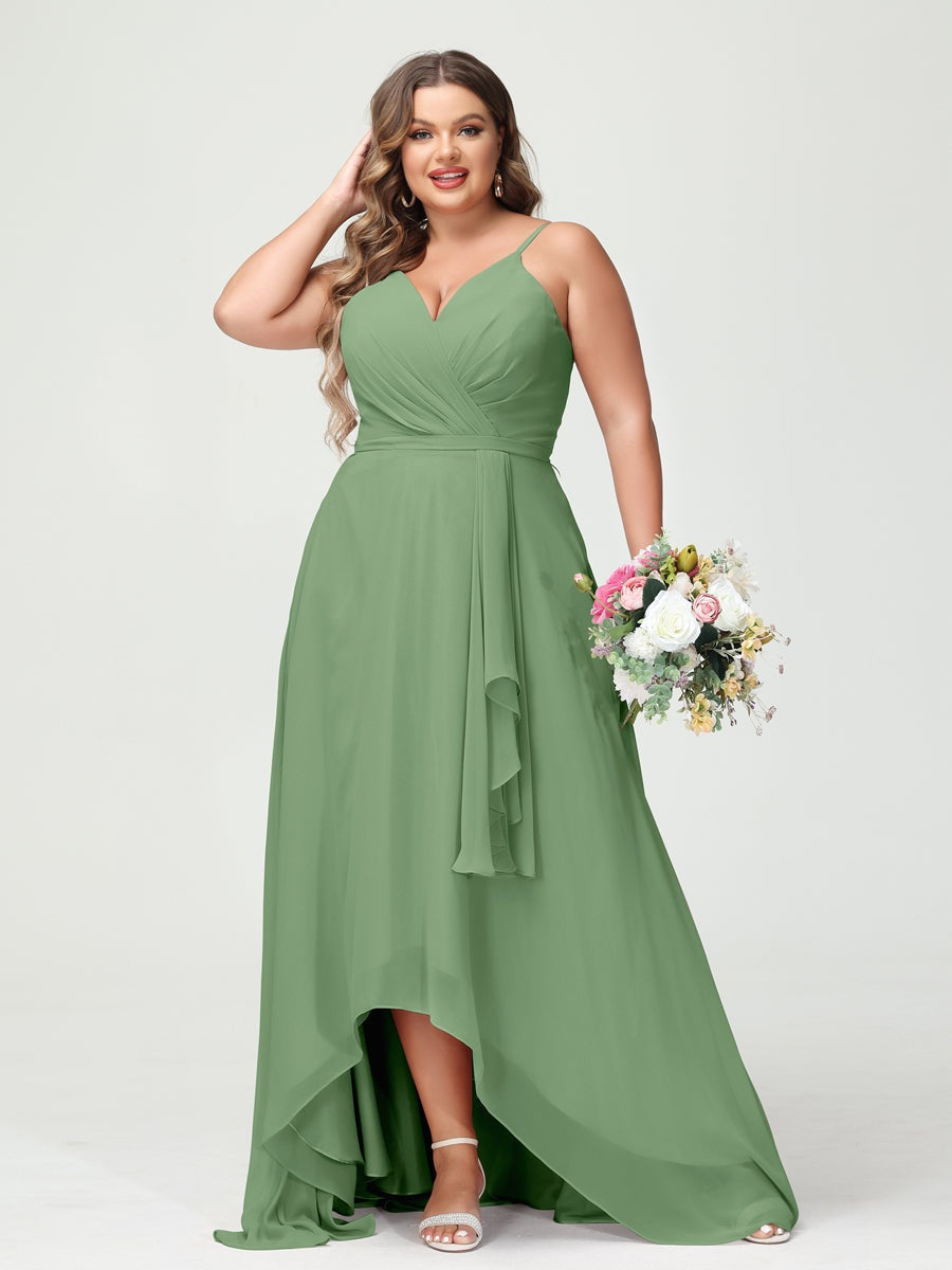 Plus Size Asymmetrical A-Line Bridesmaid Dress with Chiffon Ruffles and Spaghetti Straps, Featuring Pockets-BMbridal.UK