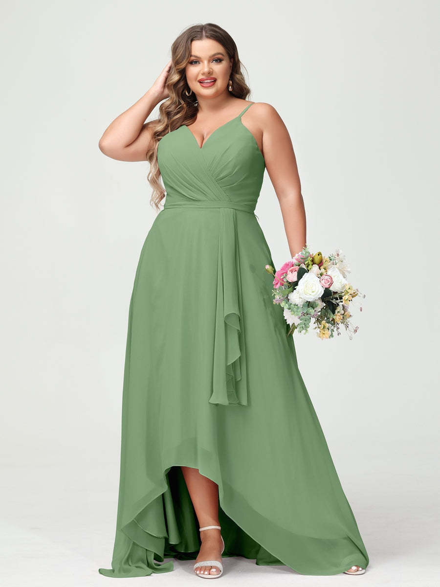 Plus Size Asymmetrical A-Line Bridesmaid Dress with Chiffon Ruffles and Spaghetti Straps, Featuring Pockets-BMbridal.UK