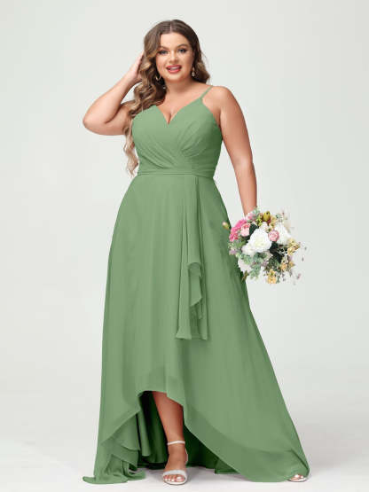 Plus Size Asymmetrical A-Line Bridesmaid Dress with Chiffon Ruffles and Spaghetti Straps, Featuring Pockets-BMbridal.UK
