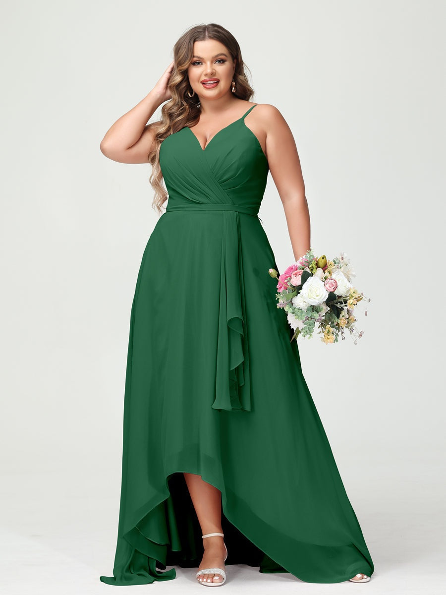 Plus Size Asymmetrical A-Line Bridesmaid Dress with Chiffon Ruffles and Spaghetti Straps, Featuring Pockets-BMbridal.UK