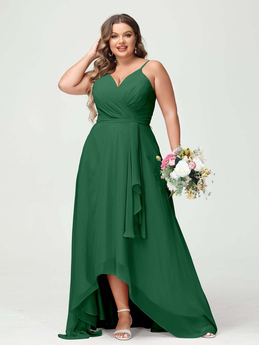 Plus Size Asymmetrical A-Line Bridesmaid Dress with Chiffon Ruffles and Spaghetti Straps, Featuring Pockets-BMbridal.UK