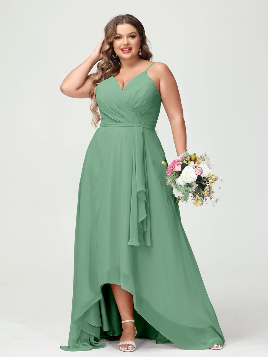 Plus Size Asymmetrical A-Line Bridesmaid Dress with Chiffon Ruffles and Spaghetti Straps, Featuring Pockets-BMbridal.UK