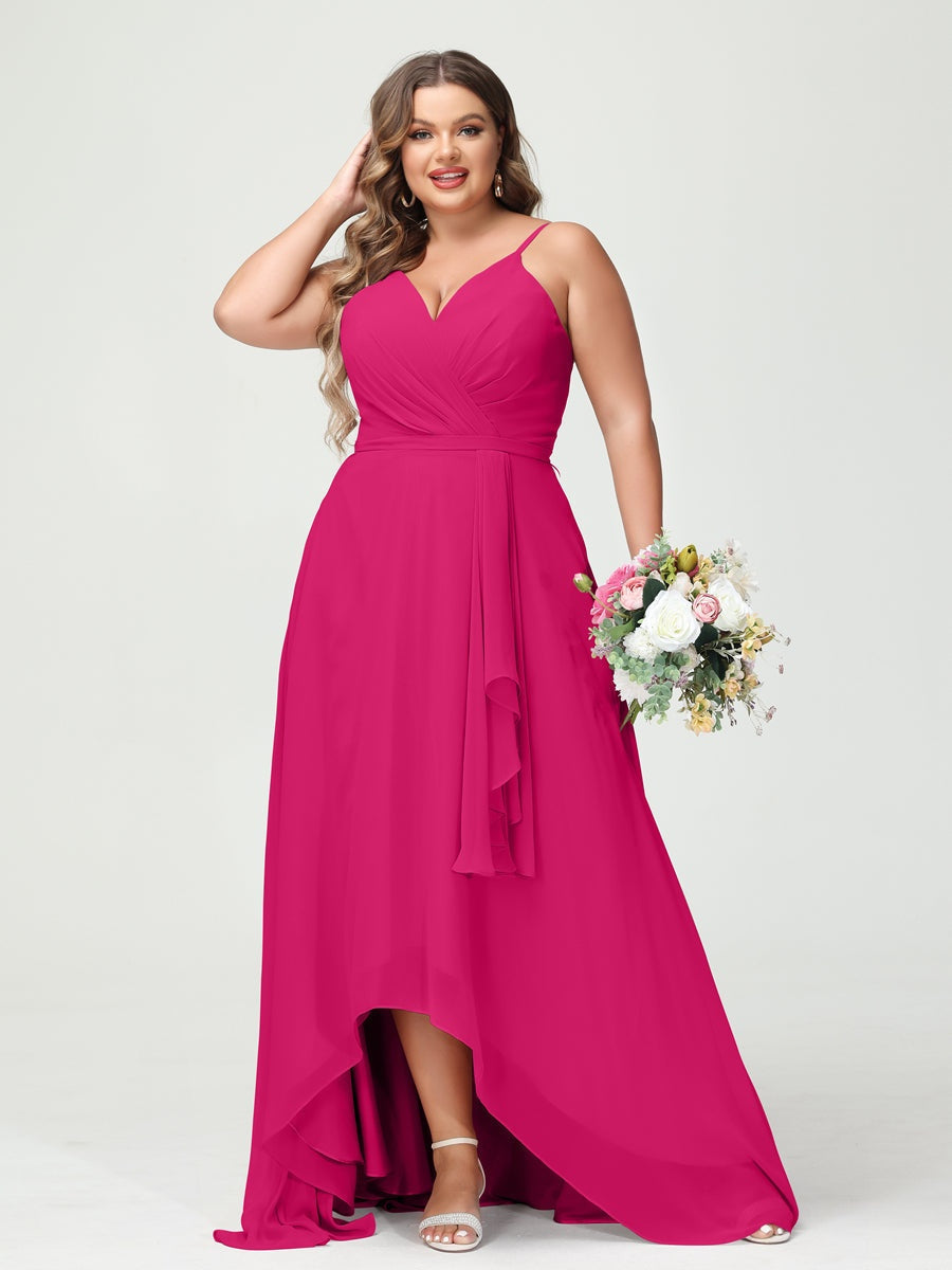 Plus Size Asymmetrical A-Line Bridesmaid Dress with Chiffon Ruffles and Spaghetti Straps, Featuring Pockets-BMbridal.UK