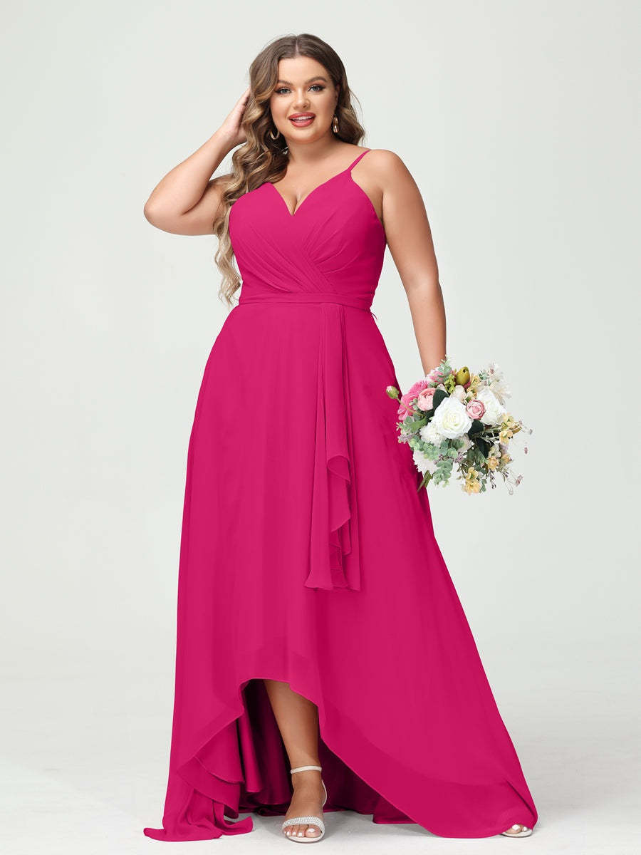 Plus Size Asymmetrical A-Line Bridesmaid Dress with Chiffon Ruffles and Spaghetti Straps, Featuring Pockets-BMbridal.UK
