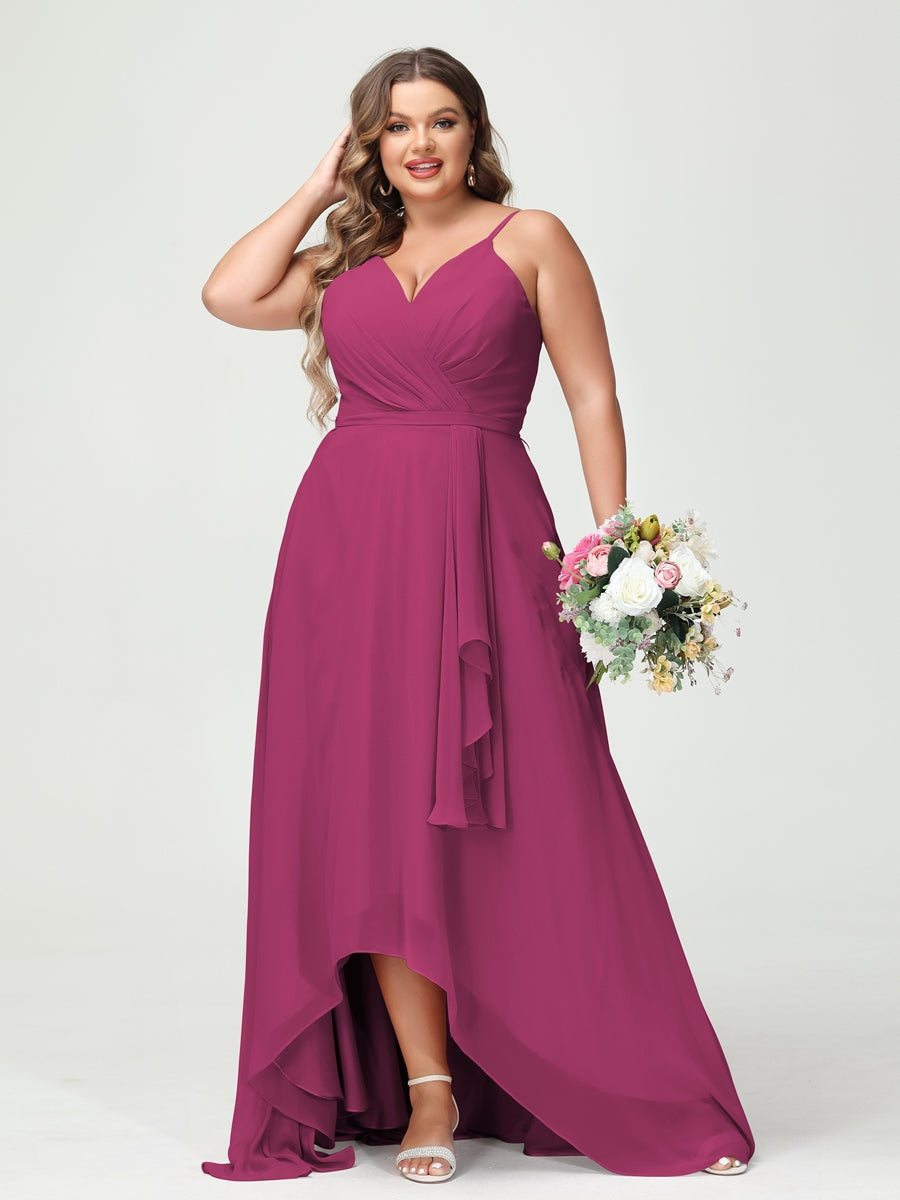 Plus Size Asymmetrical A-Line Bridesmaid Dress with Chiffon Ruffles and Spaghetti Straps, Featuring Pockets-BMbridal.UK