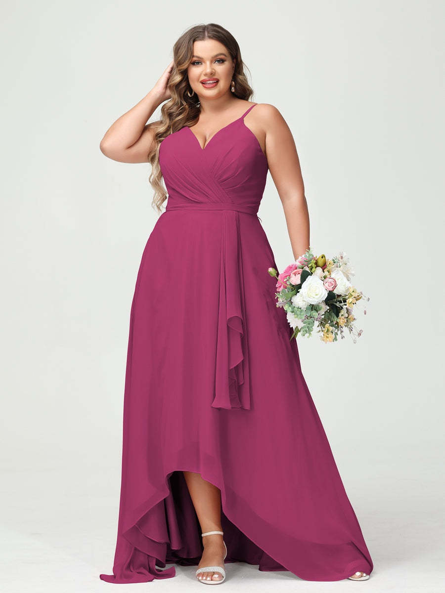 Plus Size Asymmetrical A-Line Bridesmaid Dress with Chiffon Ruffles and Spaghetti Straps, Featuring Pockets-BMbridal.UK