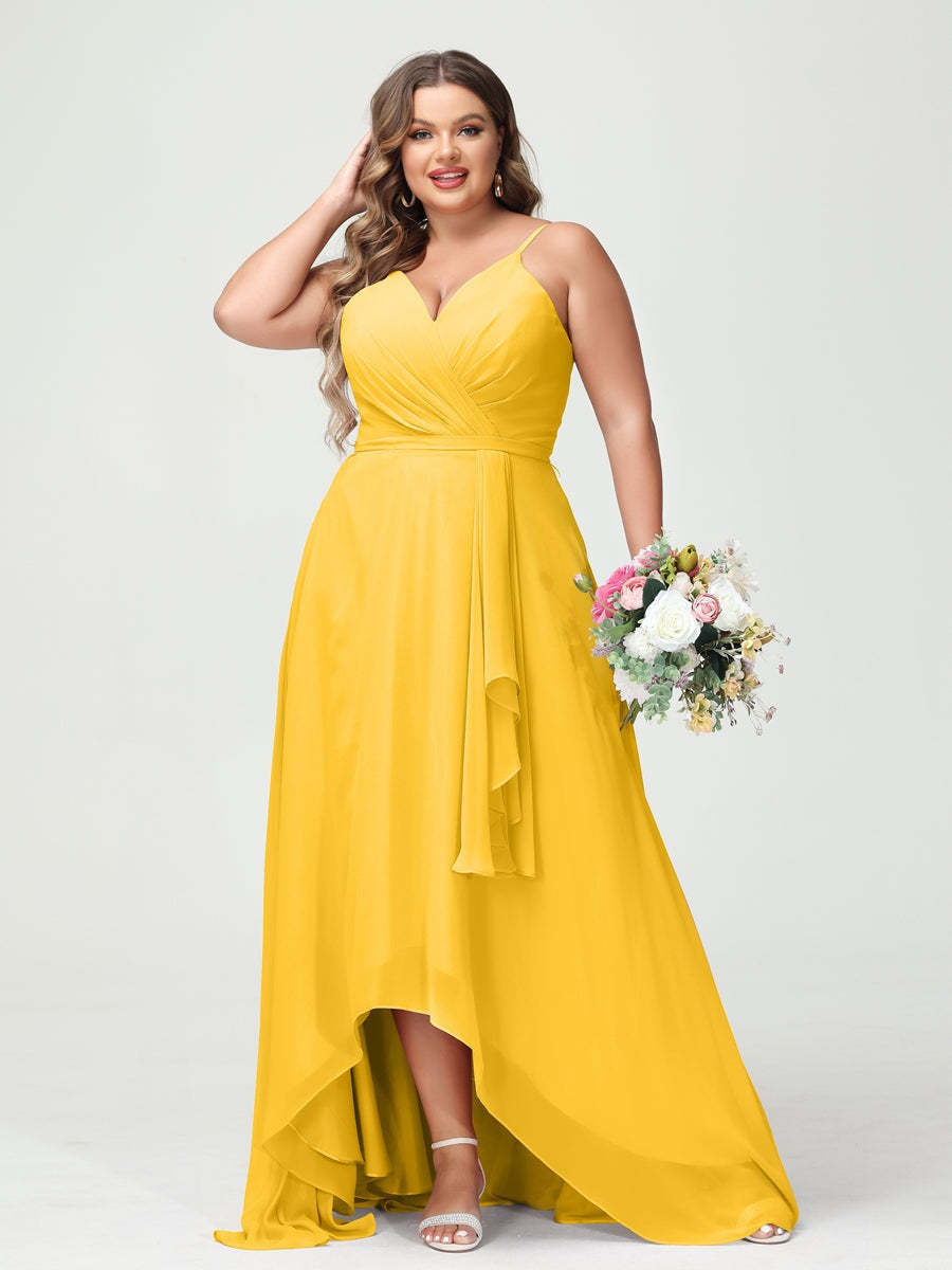 Plus Size Asymmetrical A-Line Bridesmaid Dress with Chiffon Ruffles and Spaghetti Straps, Featuring Pockets-BMbridal.UK
