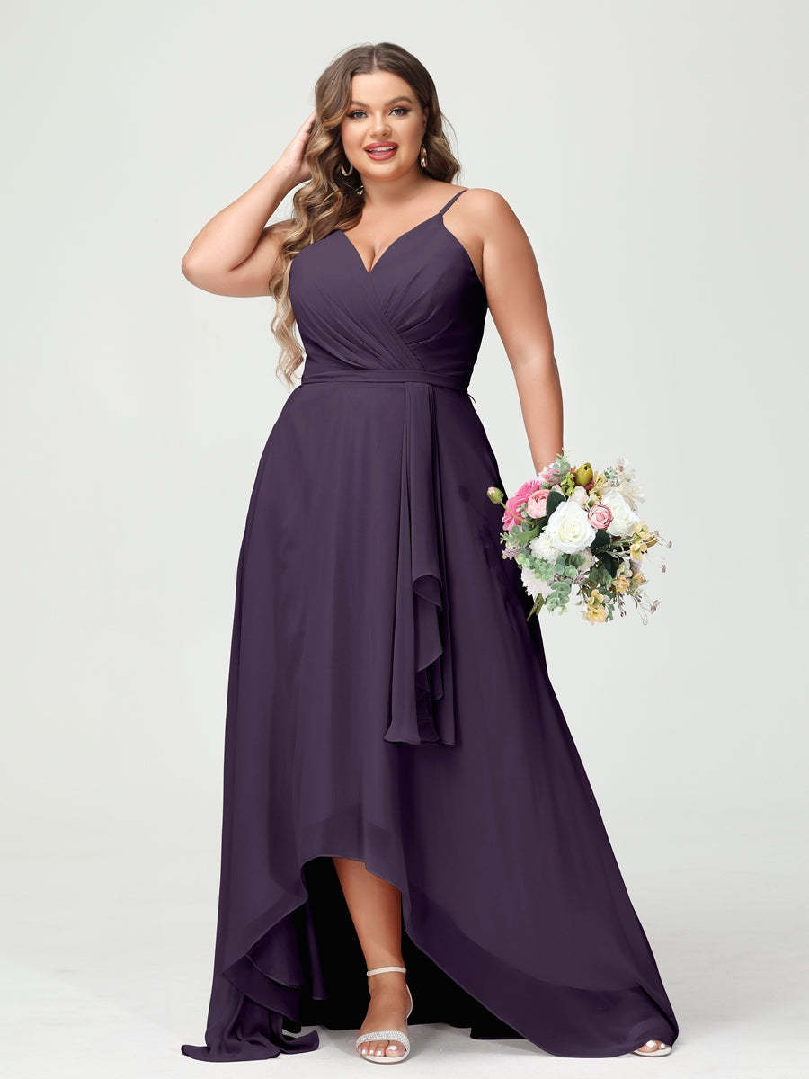 Plus Size Asymmetrical A-Line Bridesmaid Dress with Chiffon Ruffles and Spaghetti Straps, Featuring Pockets-BMbridal.UK