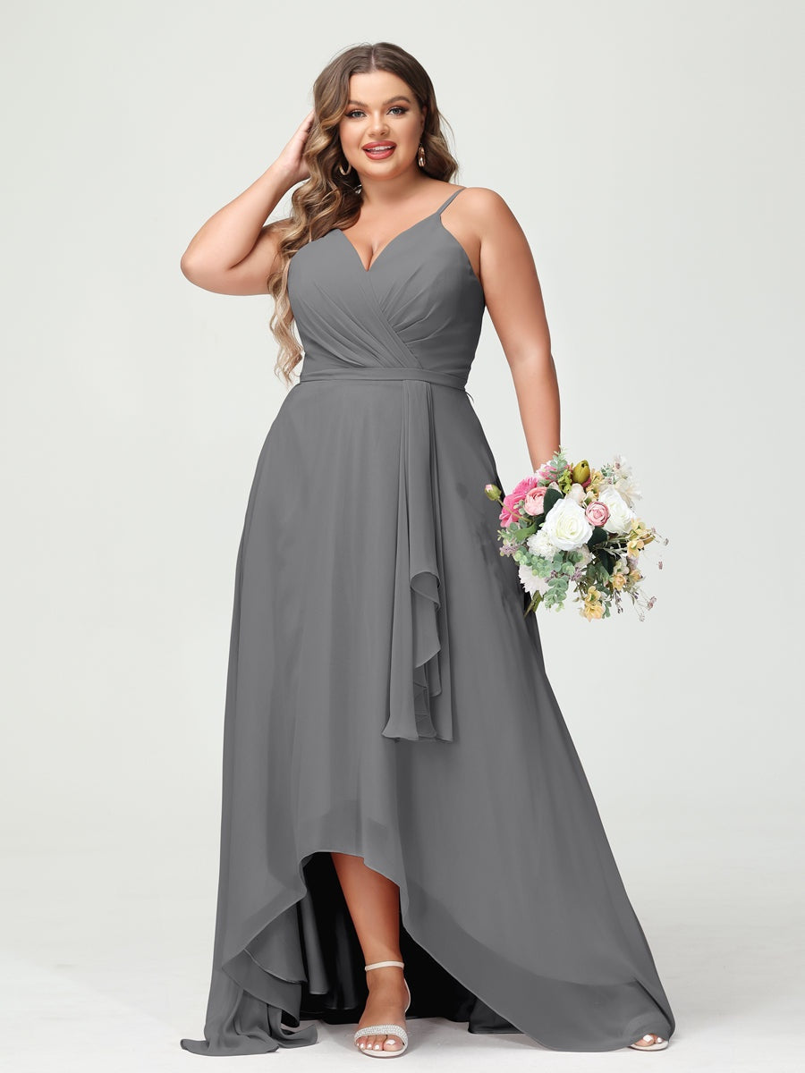 Plus Size Asymmetrical A-Line Bridesmaid Dress with Chiffon Ruffles and Spaghetti Straps, Featuring Pockets-BMbridal.UK
