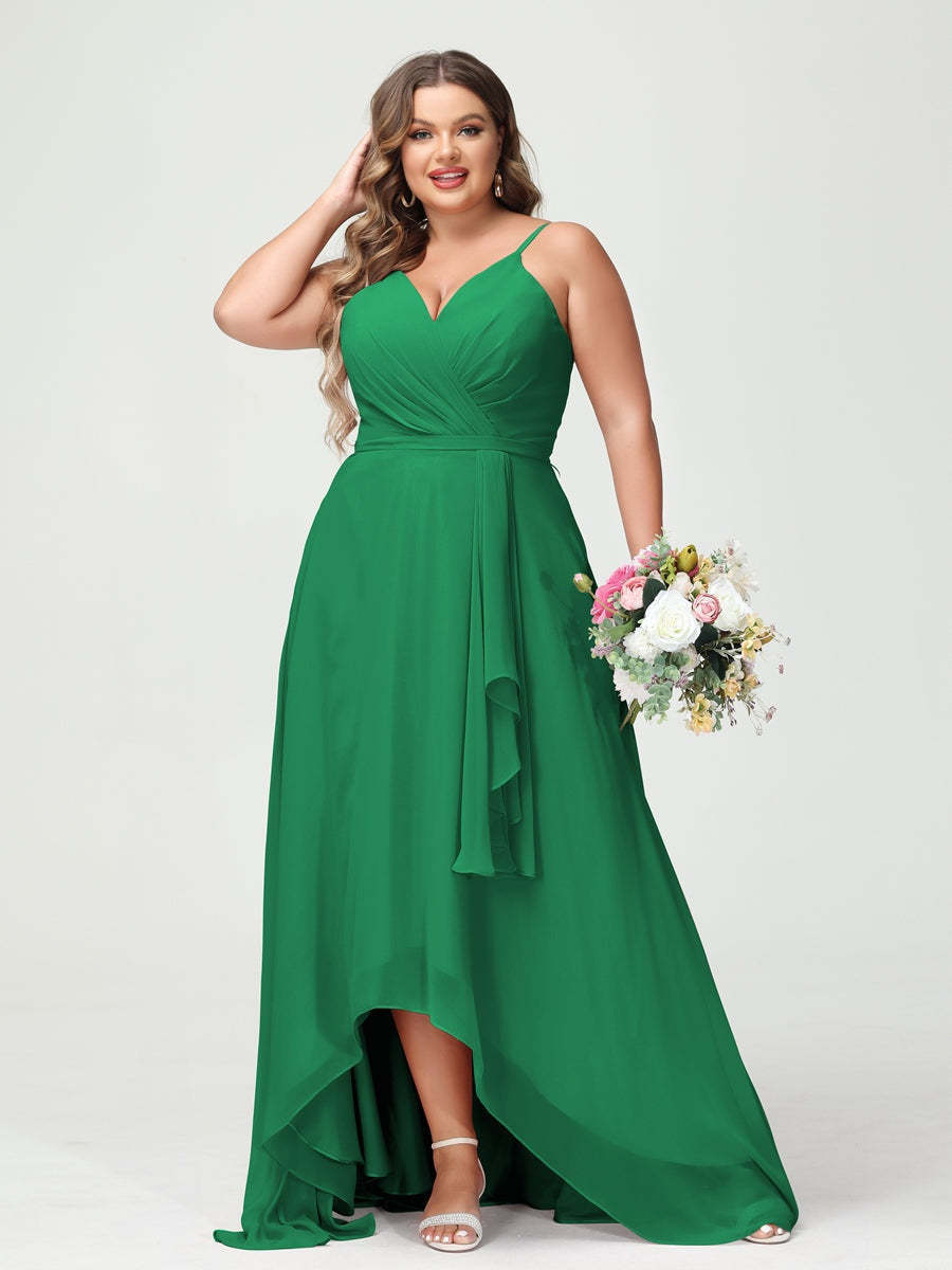 Plus Size Asymmetrical A-Line Bridesmaid Dress with Chiffon Ruffles and Spaghetti Straps, Featuring Pockets-BMbridal.UK