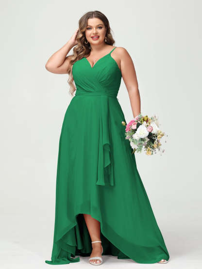 Plus Size Asymmetrical A-Line Bridesmaid Dress with Chiffon Ruffles and Spaghetti Straps, Featuring Pockets-BMbridal.UK