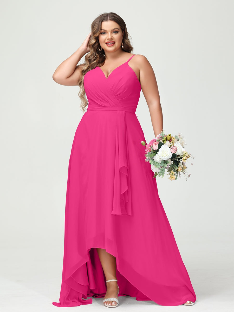 Plus Size Asymmetrical A-Line Bridesmaid Dress with Chiffon Ruffles and Spaghetti Straps, Featuring Pockets-BMbridal.UK