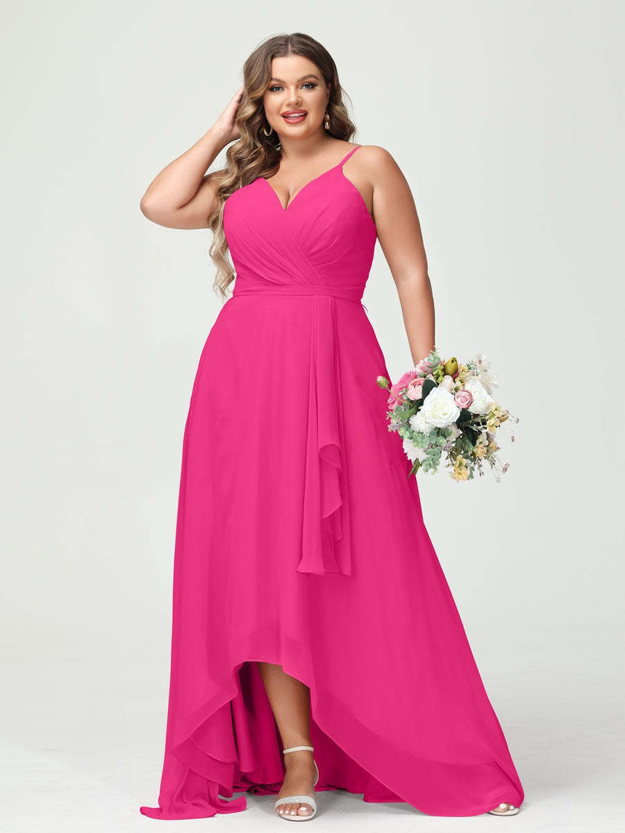 Plus Size Asymmetrical A-Line Bridesmaid Dress with Chiffon Ruffles and Spaghetti Straps, Featuring Pockets-BMbridal.UK