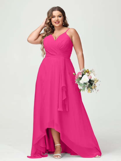 Plus Size Asymmetrical A-Line Bridesmaid Dress with Chiffon Ruffles and Spaghetti Straps, Featuring Pockets-BMbridal.UK
