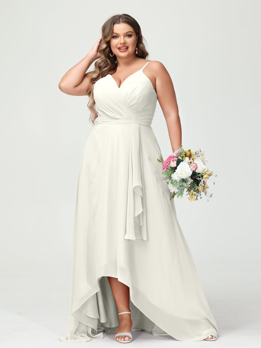 Plus Size Asymmetrical A-Line Bridesmaid Dress with Chiffon Ruffles and Spaghetti Straps, Featuring Pockets-BMbridal.UK
