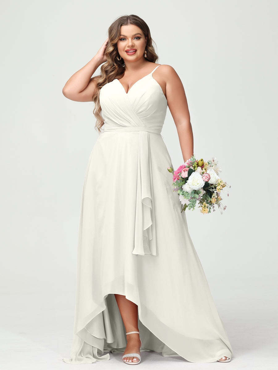 Plus Size Asymmetrical A-Line Bridesmaid Dress with Chiffon Ruffles and Spaghetti Straps, Featuring Pockets-BMbridal.UK