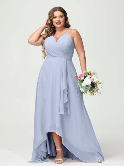 Plus Size Asymmetrical A-Line Bridesmaid Dress with Chiffon Ruffles and Spaghetti Straps, Featuring Pockets-BMbridal.UK