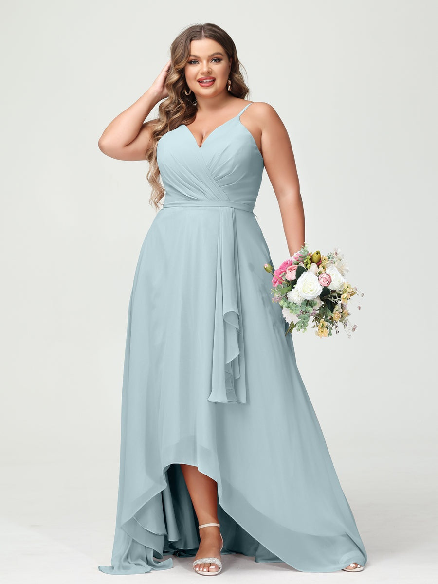Plus Size Asymmetrical A-Line Bridesmaid Dress with Chiffon Ruffles and Spaghetti Straps, Featuring Pockets-BMbridal.UK