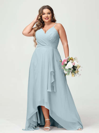 Plus Size Asymmetrical A-Line Bridesmaid Dress with Chiffon Ruffles and Spaghetti Straps, Featuring Pockets-BMbridal.UK