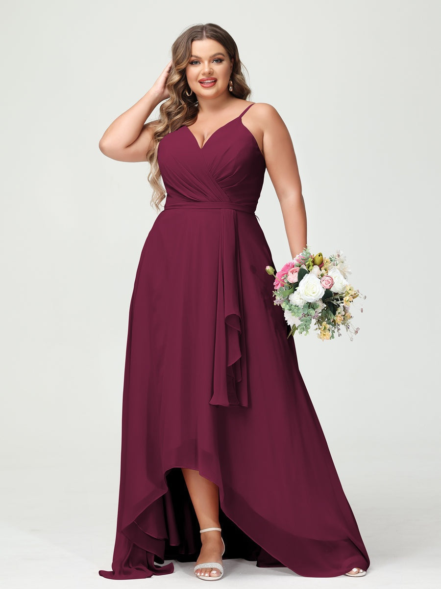 Plus Size Asymmetrical A-Line Bridesmaid Dress with Chiffon Ruffles and Spaghetti Straps, Featuring Pockets-BMbridal.UK