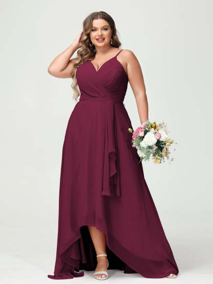 Plus Size Asymmetrical A-Line Bridesmaid Dress with Chiffon Ruffles and Spaghetti Straps, Featuring Pockets-BMbridal.UK