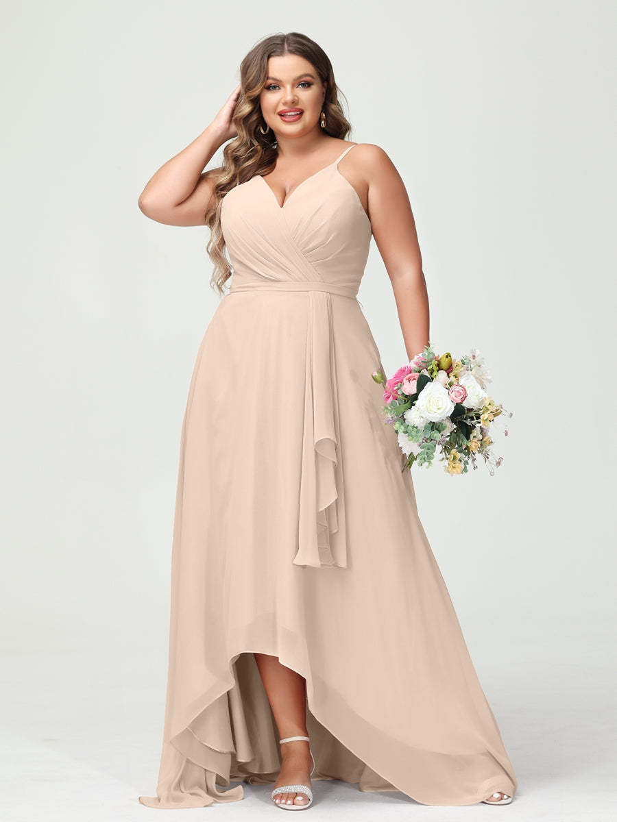 Plus Size Asymmetrical A-Line Bridesmaid Dress with Chiffon Ruffles and Spaghetti Straps, Featuring Pockets-BMbridal.UK